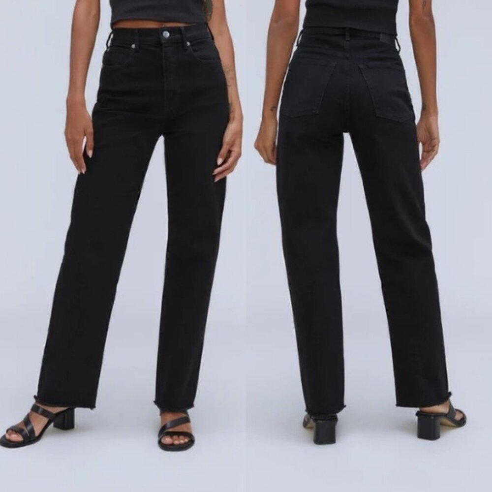 NWT Everlane The Way High Waisted Jean 29 Long Black Raw Hem Straight Wide Leg - Picture 2 of 10